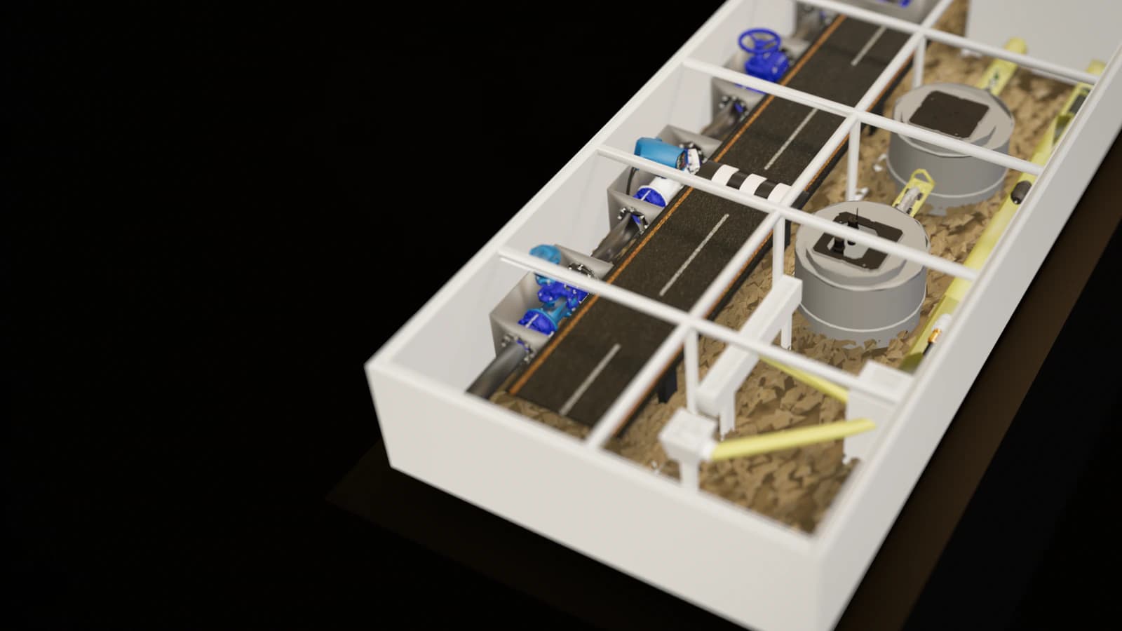 The sewer network model as its 3D model shows it: a six-metre layout of chambers, manholes, valves and cut-open pipes laid in gravel, a road running along it