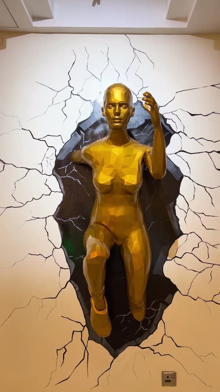 The Female Statue on its client's wall: the gold figure breaking out of a dark, cracked hole, the cracks running out across the white wall.