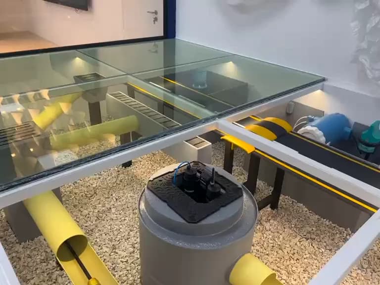 The delivered model under its glass: a grey chamber with its sensors in pale gravel, yellow pipes cut open, the road and its compartments beyond.