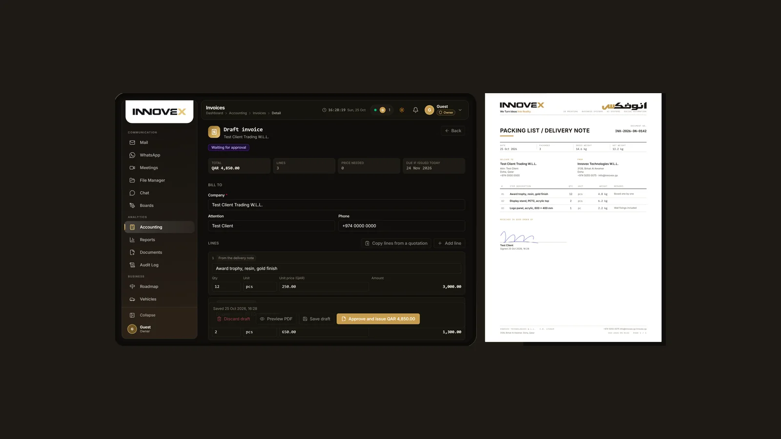The studio's own panel on a tablet, an invoice draft waiting for approval on it, beside the delivery note PDF signed on it, with sample data